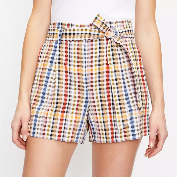 Loft NWT Paperbag Pull On Gingham Plaid Belted Shorts Multicolor High Rise Large - Picture 2 of 11